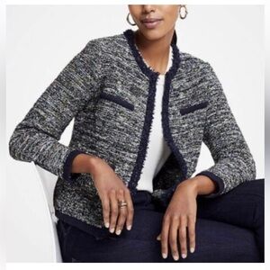 Ann Taylor Wool Blend Boucle Knit Tweet Cardigan Jacket Blazer Buttonless Open